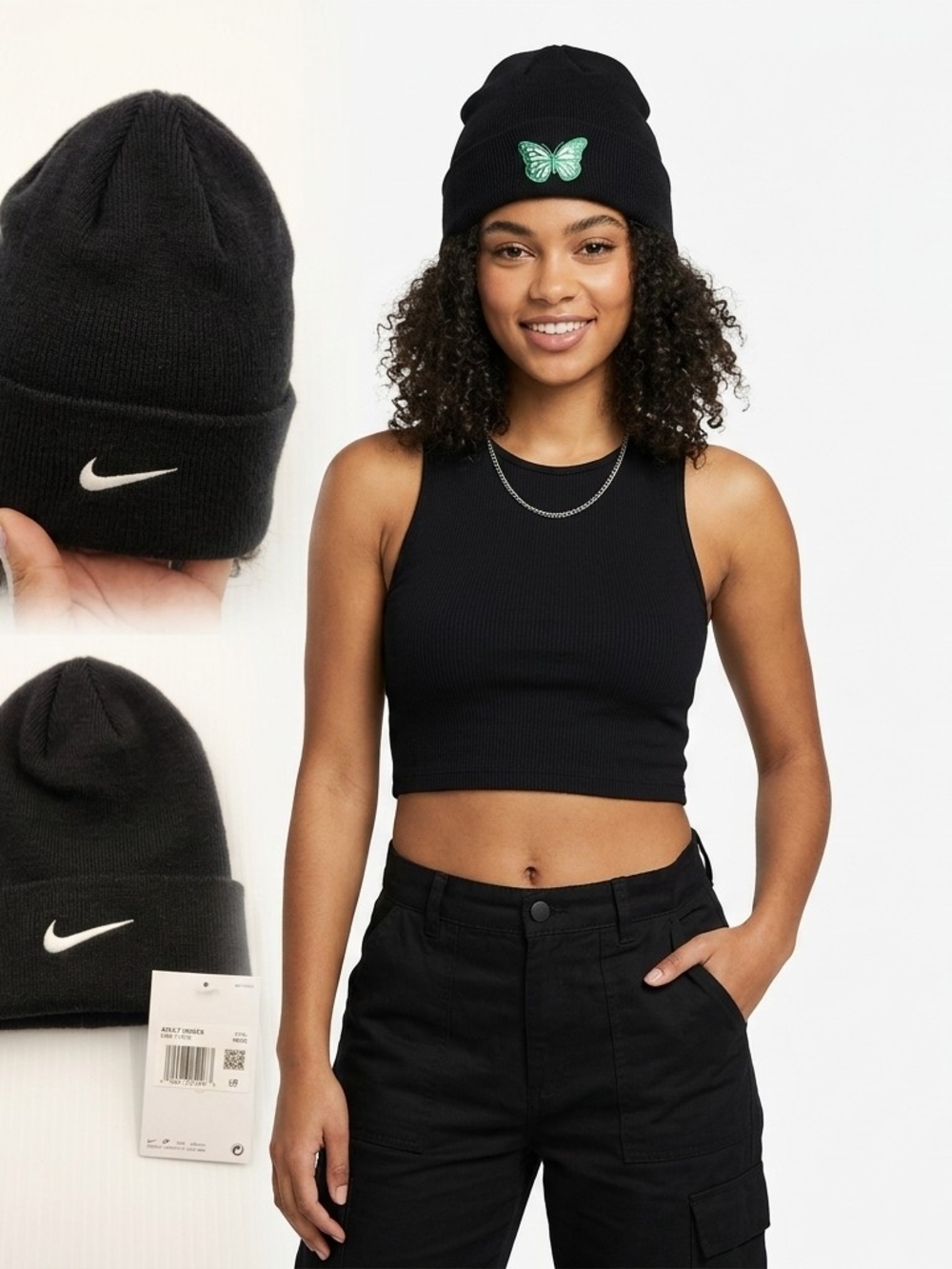 Nike Black Beanie with Green Butterfly Patch - Women's Hat